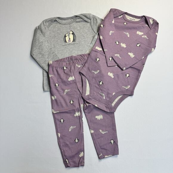 Carter's 3-Piece Long Sleeve Bodysuit Pant Set Girl Size 12 Month Purple Penguin - Picture 1 of 8